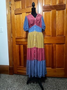 Brooks Brothers Multi-Print Tiered Maxi Dress in Red, Blue & Yellow